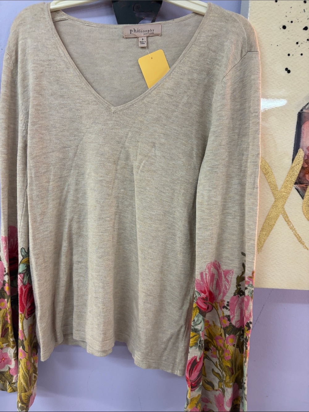 Philosophy beige V-neck sweater with pink floral sleeves